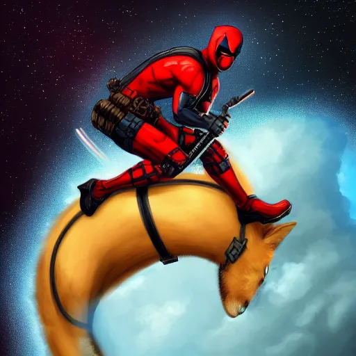 Image similar to illustration of deadpool riding on cat's back in space, trending on artstation