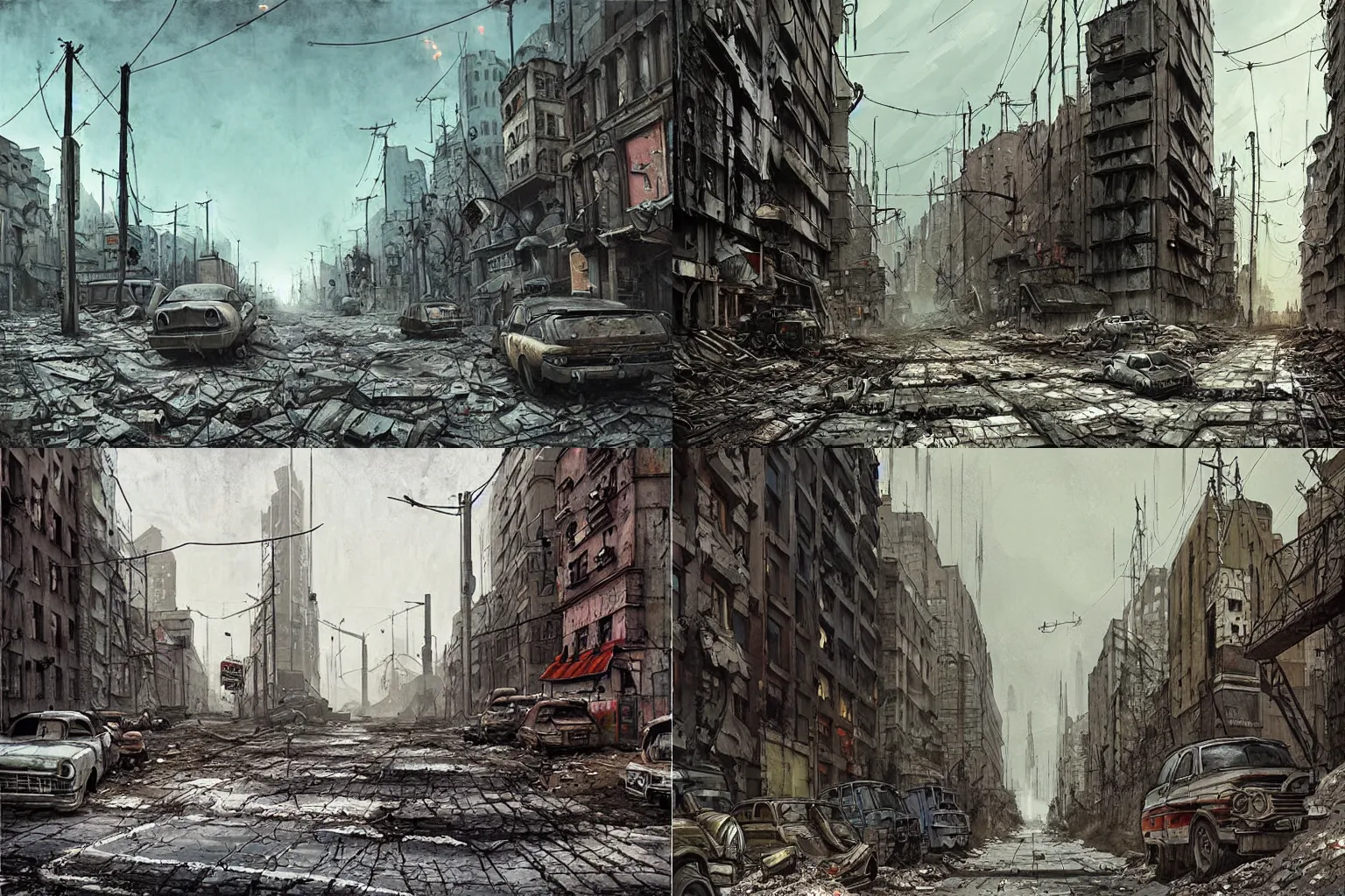 Prompt: big post apocalyptic city street by boris groh, vivid, masterpiece, detailed