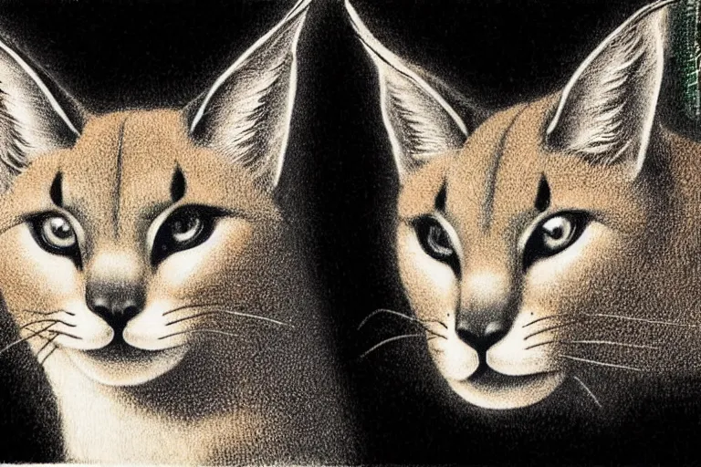 Image similar to cute caracal face at $100 bill, banknote, intaglio style, macro, realistic