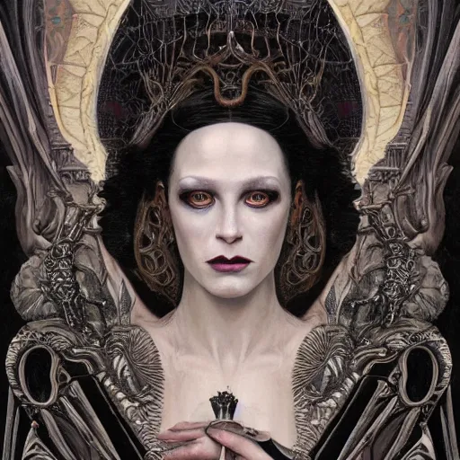 Prompt: a baroque neoclassicist close - up renaissance portrait of a beautiful art deco witch queen with glowing eyes, moth wings with geometric patterns, reflective detailed textures, baroque dark fantasy science fiction painting by diego rivera and donato giancola and jean delville and moebius and tom bagshaw, goth, dramatic lighting, silver and muted colors, artstation, octane render