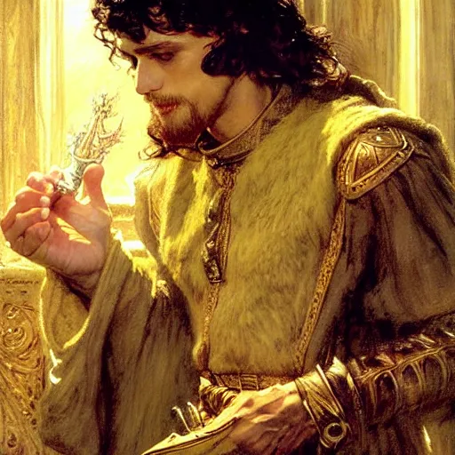 Image similar to handsome arthur pendragon in love with handsome merlin the mage. merlin is also in love with arthur. highly detailed painting by gaston bussiere, craig mullins, j. c. leyendecker