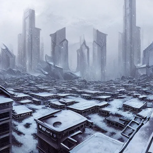 Prompt: a matte painting about a dystopian, dystopian chinese city, covered in snow. hardcopy ( live ) httpa matte painting about a misty, cyberpunk, rutless rock landing, coming true to life in post - apocalyptic