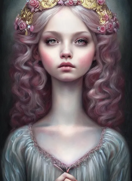 Image similar to portrait of an fairytale princess, beautiful face, hyper realistic, highly detailed, digital painting, artstation, illustration, concept art by nicoletta ceccoli and mark ryden, digital paint, matte paint, washed colors, eating cakes, dark, gloomy, foggy