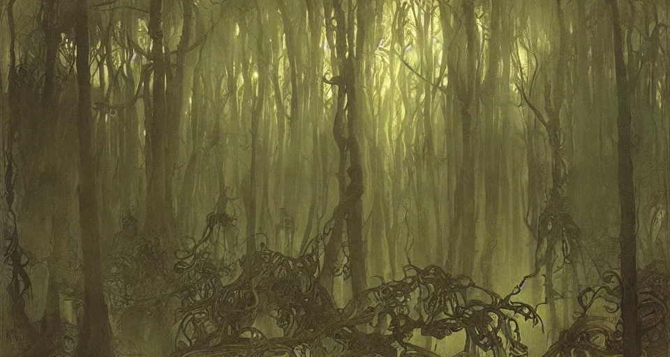 Image similar to A dense and dark enchanted forest with a swamp, by Alfons Maria Mucha