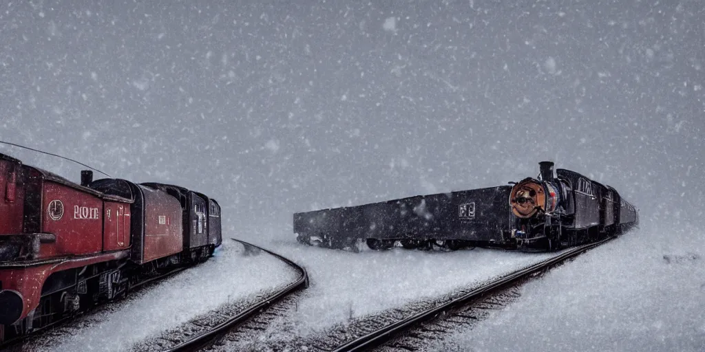 Prompt: a high detail photograph of a heavy steam train in the snow under a blizzard, realism, 4 k, award winning photograph, octane render, award winning photograph