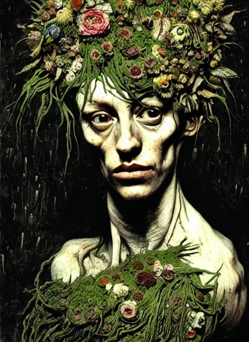 Image similar to beautiful and detailed rotten woman made of plants and many different types of flowers, muscles, intricate, organs, ornate, surreal, john constable, guy denning, dan hillier, manera, van gogh, caravaggio