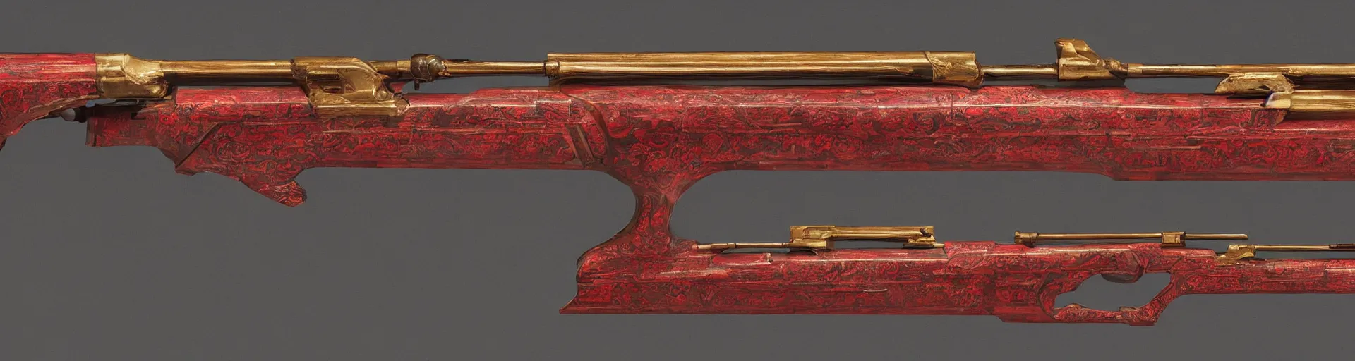 Image similar to a shotgun made from glossy red - painted wood and elements of gold metalwork