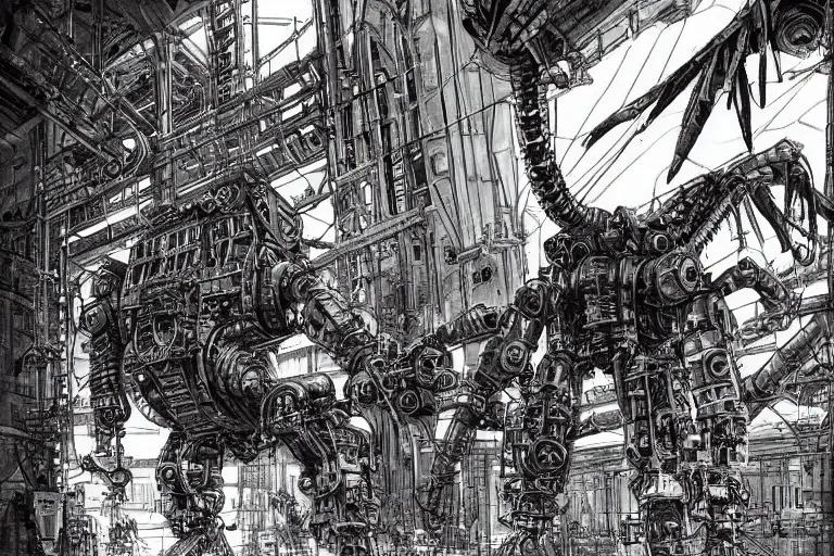 Image similar to dieselpunk mechs in shape of dragonfly that look like Dragonfly, inside an gigantic underground concrete doom hangar, interior structure, drains, storm drains, jungle, vines, algea, cables, panels, walls, ceiling, floor, doors, brutalist architecture, intricate ink drawing, highly detailed in the style of Ashley Wood, moebius and Tsutomu Nihei, photorealistic, cinematic, intricate detail, well lit,