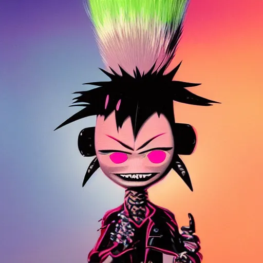 Image similar to a pink punk rock alien with black spiked hair, an airbrush painting by Jamie Hewlett, cgsociety, symbolism, antichrist, aesthetic, 8k
