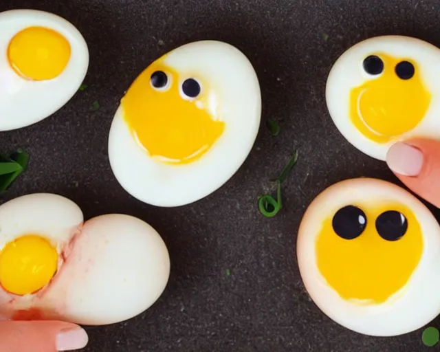 Image similar to eggs with happy faces on them. they have arms and legs made of twigs. yolk is pouring out of their snout. they had a hearty laugh. boogers are coming out of their noise.