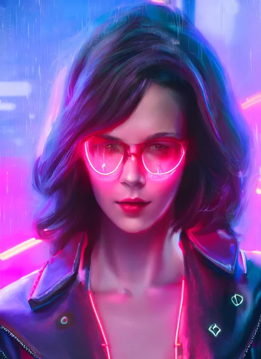 Image similar to pretty young woman with shoulder length shiny shimmering dark red hair and wearing a stuffed leather jacket with the glow of neon lights illuminating her, path traced, highly detailed, high quality, digital painting, by cd projekt red, cyberpunk,