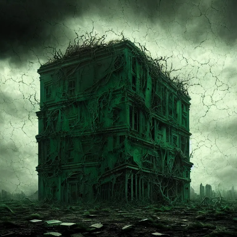 Image similar to surreal abandoned ribbed broken dripping computer, dark clouds, dark green tint, surreal abandoned buildings, dream-like heavy atmosphere, baroque painting, beautiful detailed intricate insanely detailed octane render trending on Artstation, 8K artistic photography, photorealistic, dramatic volumetric cinematic perfect light, chiaroscuro, award-winning photograph, masterpiece, Raphael, Caravaggio, Beksinski, Giger