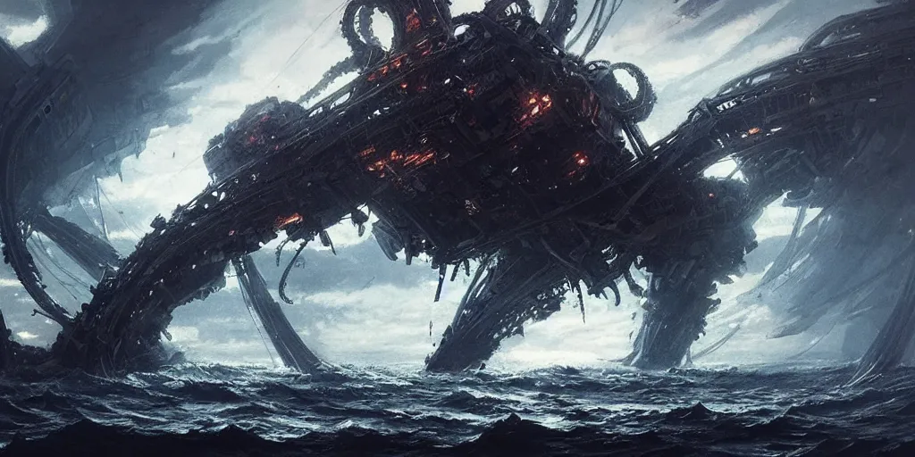 Prompt: ship being destroyed by a giant kraken sea monster, a lot of tentacles, chaos, view from above. In style of Yoji Shinkawa and Hyung-tae Kim, trending on ArtStation, Greg Rutkowski, dark fantasy, great composition, concept art, highly detailed, scenery.