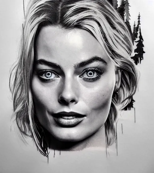 Image similar to tattoo design sketch double exposure of margot robbie with beautiful mountain scenery mash up, in the style of arlo dicristina, surrealist, amazing detail, sharp