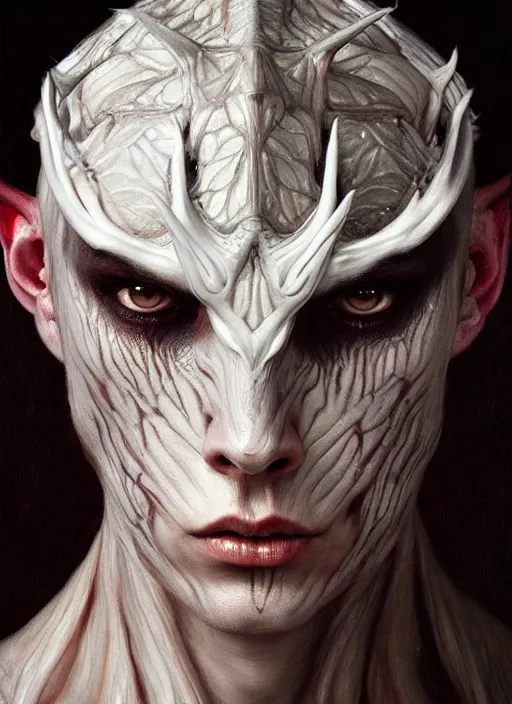 Image similar to half demon half human intricate skin pattern texture, elegant, peaceful, full body, white horns, hyper realistic, extremely detailed, dnd character art portrait, fantasy art, intricate fantasy painting, dramatic lighting, vivid colors, deviant art, artstation, by edgar maxence and caravaggio and michael whelan and delacroix.