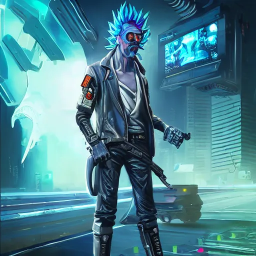 Prompt: cyberpunk rick sanchez holding an alien assault rifle, dynamic pose, front view, neon lights, lens flare, dim light, front game card, video game, dark, intricate, highly detailed, smooth, artstation, digital illustration by ruan jia and mandy jurgens and artgerm and wayne barlowe and greg rutkowski and zdislav beksinski