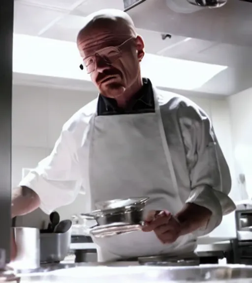 Image similar to film still of walter white cooking delicious food inside a professional restaurant kitchen in the tv show breaking bad, full-shot, 4k