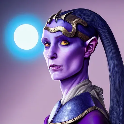 Image similar to A professional digital portrait painting of a female tiefling trickery domain cleric with blue skin dressed in light armor, 4k, digital art, trending on cgsociety, renaissance painting, highly detailed, head and shoulders shot, shallow depth of field, purple and yellow lighting, professional lighting, The Grand Budapest Hotel, airbrush, Hayao Miyazaki