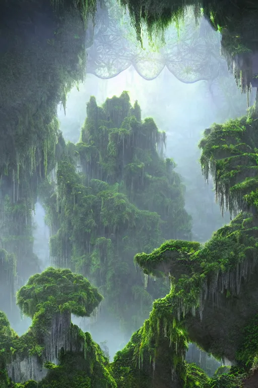 Image similar to ancient fractal temple megastructure in the hanging gardens of a radiant forest jungle, overgrown garden, scanned earth terrain fractal bridges, highly detailed erosion algorithm landscape, by albert bierdstat, by glenn small, high resolution, 8 k photorealism, populated by luminous beings, god rays in volumes of fog, looking up perspective