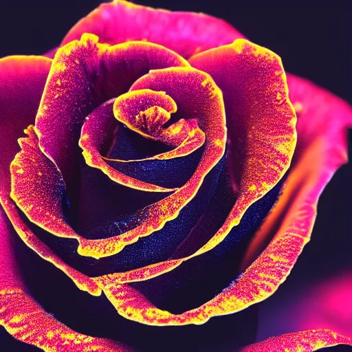 Image similar to award - winning macro of a beautiful black rose made of glowing molten magma