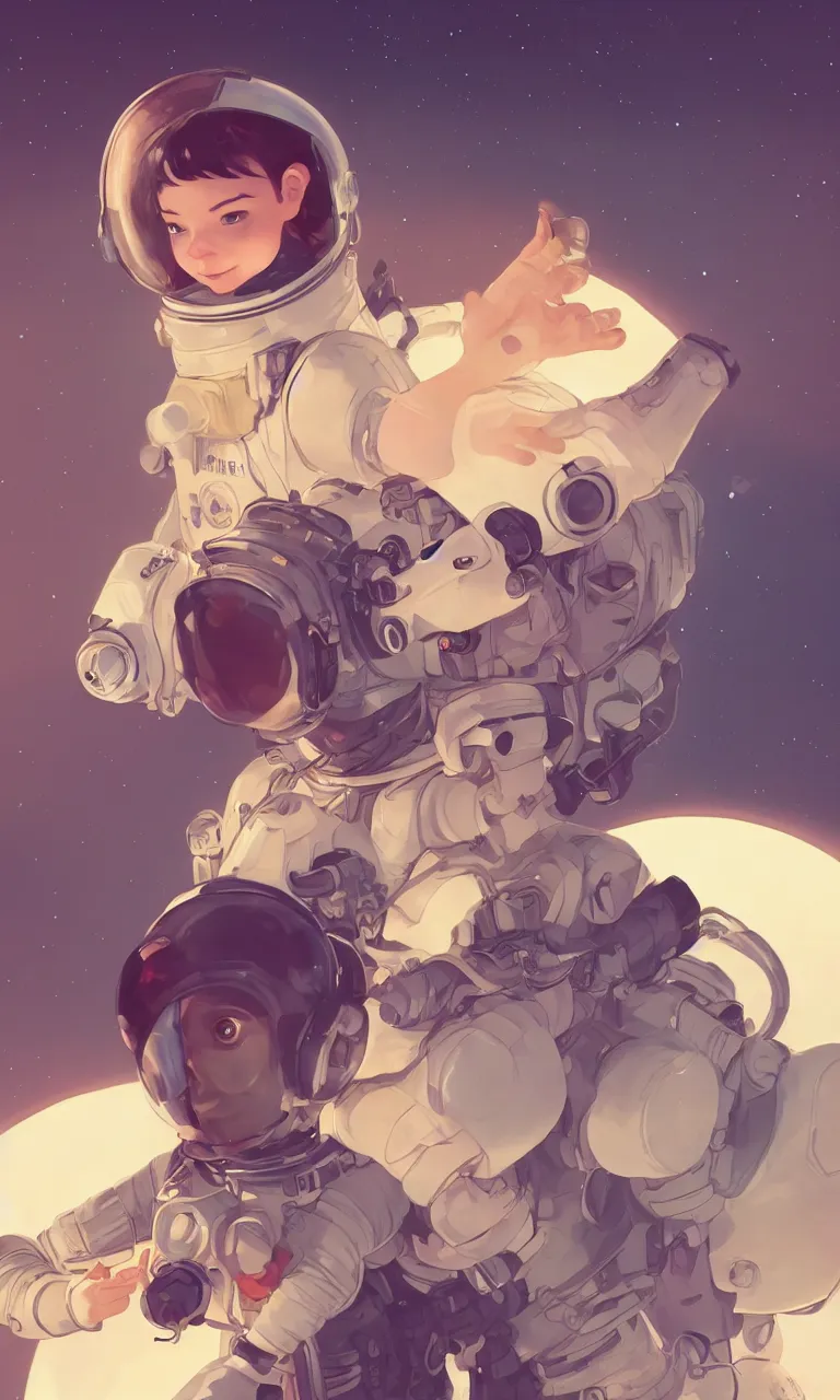 Prompt: cute pixie bjork taking charge in an astronaut suit, a look of wonder on her face, ambient lighting, 4 k, lois van baarle, ilya kuvshinov, rossdraws, alphonse mucha, jung gi kim, artstation