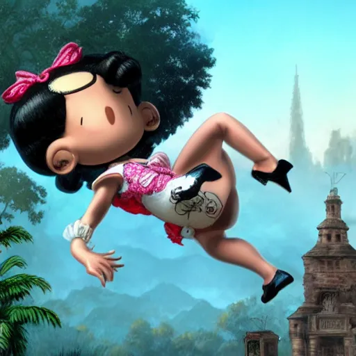 Image similar to betty boop riding snoopy, intricate detail, royo, vallejo, frazetta, giger, whealan, hd, unreal engine,