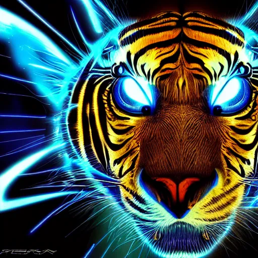 Prompt: cybernetic eye of tiger, digital illustration, photo - realistic, macro, extreme details, vivid, neon, dramatic lighting, futuristic, cyberpunk, intricate details