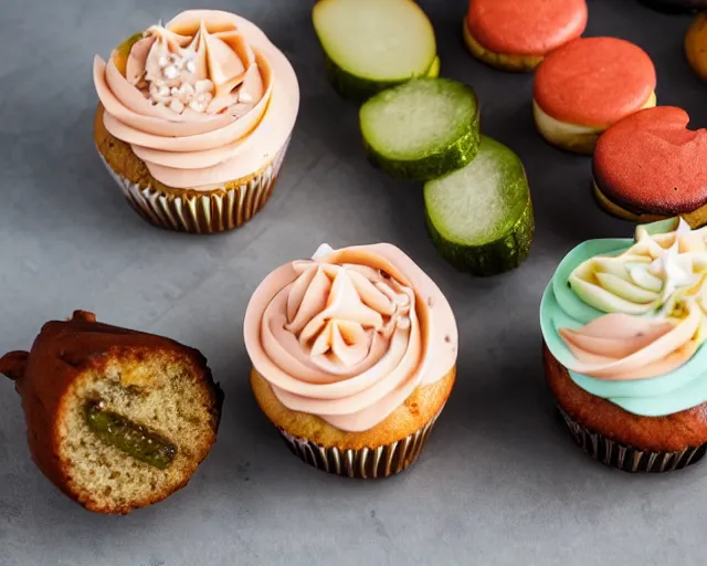 Image similar to dslr food photograph of delicious cupcakes with slices of pickle on them, 8 5 mm f 1. 4