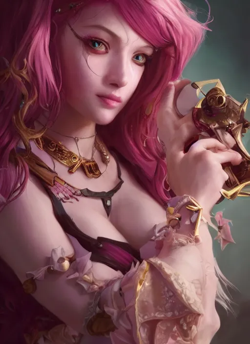 Image similar to seraphine, from league of legends, pink hair, musical instruments, au naturel, hyper detailed, digital art, trending in artstation, cinematic lighting, studio quality, smooth render, unreal engine 5 rendered, octane rendered, art style by klimt and nixeu and ian sprigger and wlop and krenz cushart