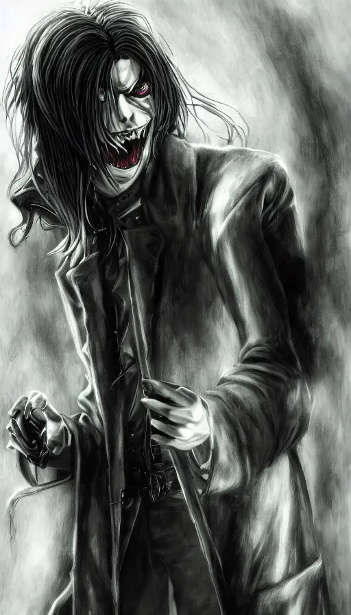 Prompt: ''alucard from hellsing, vampire, creepy art, photorealistic, digital paintting, concept art, 4 k''