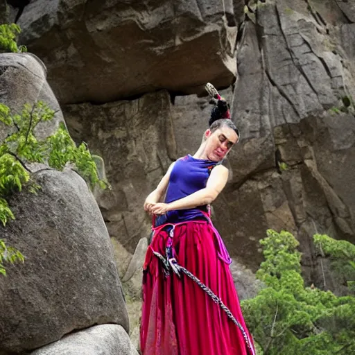 Image similar to Frida Kahlo rock climbing wearing a princess dress