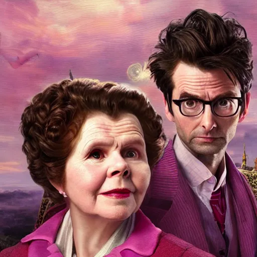 Image similar to david tennant and imelda staunton as dolores umbridge in pink clothes with the tenth doctor who, highly detailed, artstation, concept art, fantasy, smooth, sharp focus, illustration, perfect face, art by nikolay makovsky, jacek malczewski, arthur hughes, edward okun, franz xaver winterhalter