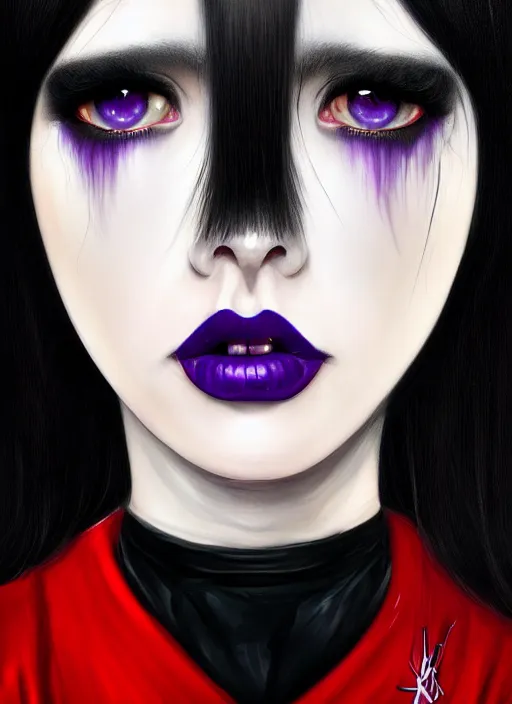 Image similar to portrait of white teenage girl, normal face, black bangs, mall goth, cyberlox, black hair with white bangs, black and white hair, bangs, fluffy bangs, red contacts, purple lipstick, intricate, elegant, highly detailed, digital painting, artstation, concept art, sharp focus, smooth, illustration, art by wlop, mars ravelo and greg rutkowski