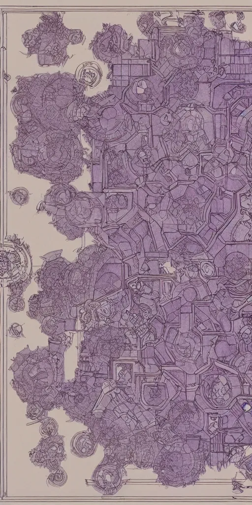 Image similar to a dnd battlemap of a court room, highly detailed, top view, by Czepeku, extremly detailed line work, purple and orange lights