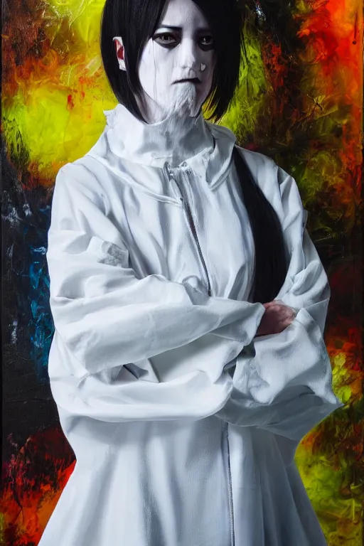 Prompt: a character wearing a white costume, with fluo colored details, muted colors, gothic, satoshi con, hyper real painting