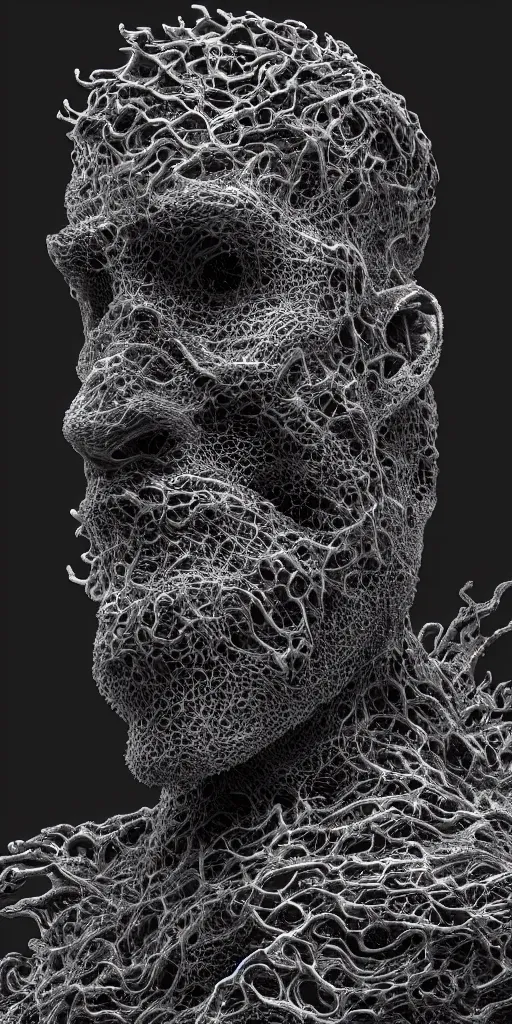 Image similar to a photorealistic render of a topographic sculpture made of melted metal and bioluminescent beings on a black background, c 4 d, by zhelong xu ouchh studio and ernst haeckel, wide angle, hyper realistic, plain black background, 8 k, volumetric lightning, octane render