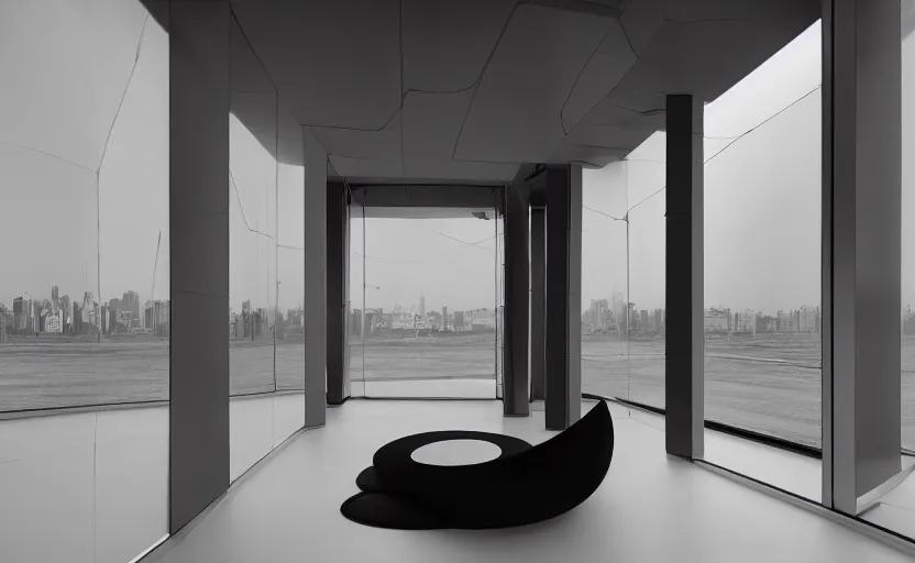 Image similar to futuristic minimalist living room, floating black spirits, surreal, coherent composition, architecturally accurate, architecture photography, 8 k