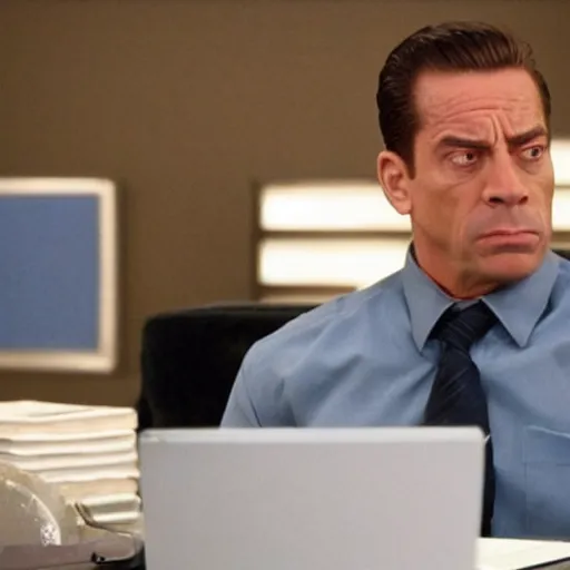 Prompt: Jean Claude Vandamme as Michael Scott on the office, cinematic still, high quality,