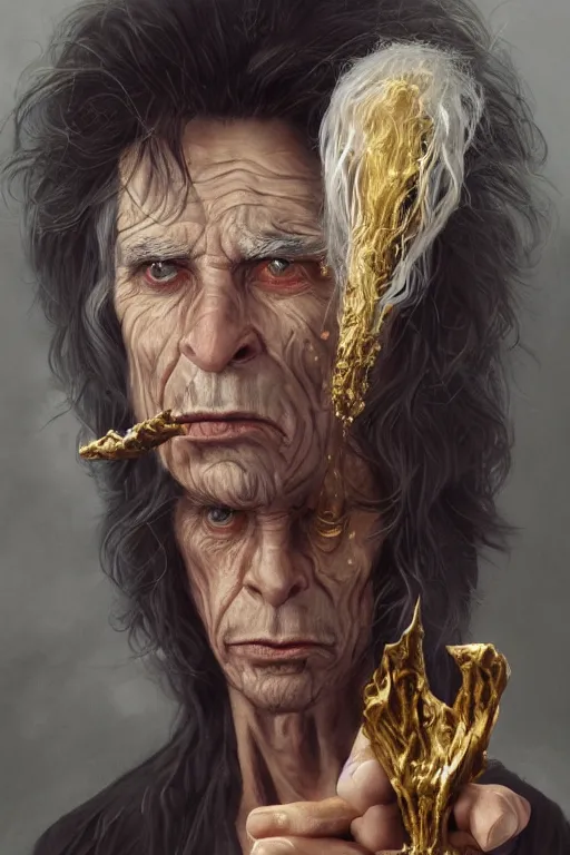 Prompt: An highly detailed portrait painting of Raistlin Majere with skin of metallic gold, white hair, hourglass shaped eye irises, looks like Mick Jagger and Steven Tyler and Keith Richards and Joe Manganiello, by Greg Rutkowski, Wizards of the Coast, Magic The Gathering, D&D, fantasy, Craig Mullins, trending on Artstation.