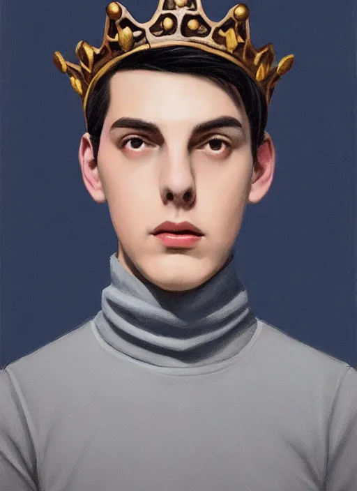 Image similar to portrait of teenage jughead jones wearing a light grey crown, crown, blue turtleneck, 1 9 5 0 s, closed eyes, photorealistic, black hair, glowing lighting, intricate, elegant, glowing lights, highly detailed, digital painting, artstation, concept art, smooth, sharp focus, illustration, art by wlop, mars ravelo and greg rutkowski