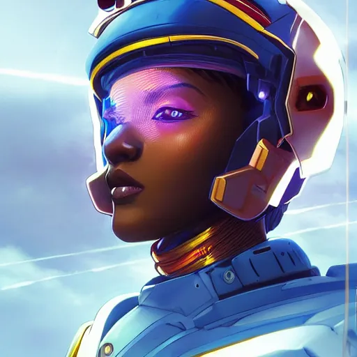 Image similar to portrait cartoon manga anime render of a strikingly gorgeous nigerian 👩🏿, wearing an intricate gundam pilot helmet, rossdraws, artgerm, norman rockwell, emiliano ponzi, epic composition, hd, octane, unreal engine, volumetric lighting, light rays, masterpiece, award - winning