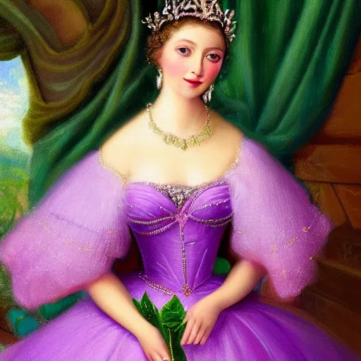 Prompt: Portarit of a princess wearing a lavanda color dress, and a tiara with emeralds,oil painting, digital art, 4k