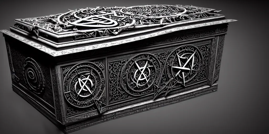 Image similar to an ancient ornate intricate old spell satanic coffin with the sigil symbol of evil emblazoned on the cover, cinematic, realistic, intricate detail, finely detailed, small details, extra detail, photorealistic, high resolution, 3 d, pbr, path tracing, volumetric lighting, octane render, arnold render, 8 k