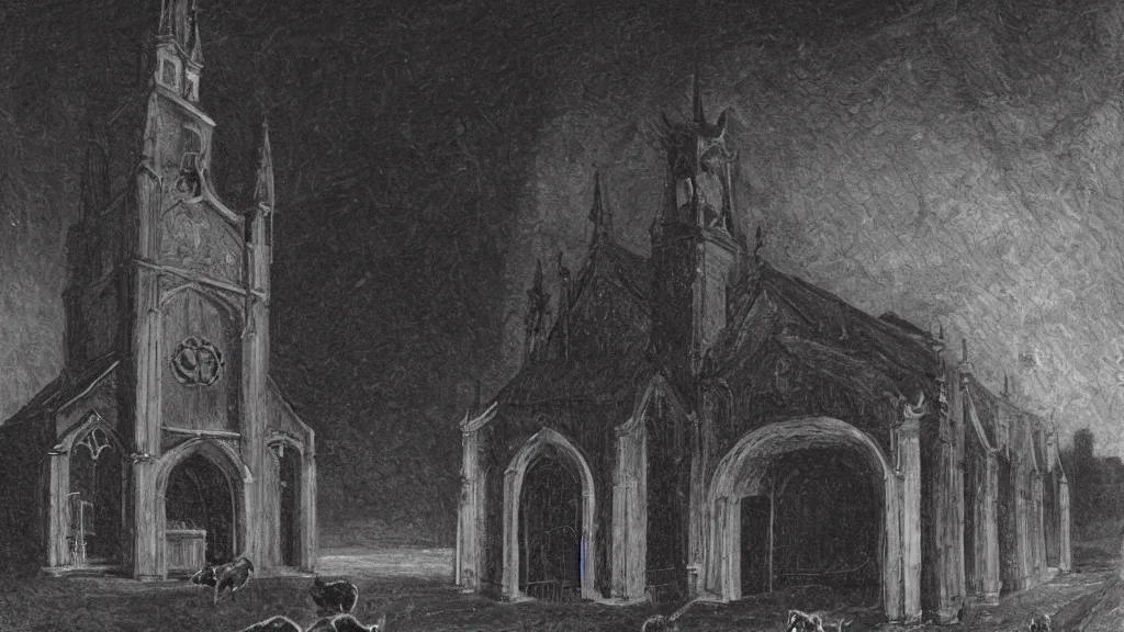 Prompt: a demon dog standing at the entrance of a church at night, lightning, old black shuck