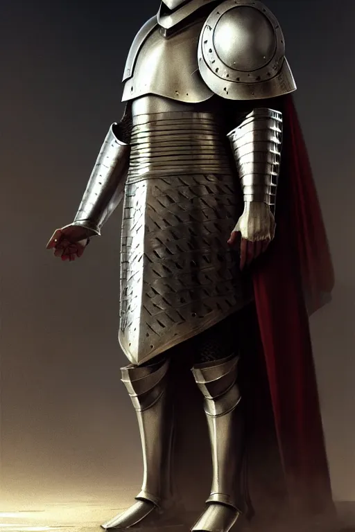 Image similar to white man looking forward in iron decorated plate armor, cylindrical crusader great helm covering all his head and white silk cape covering his back and elbows standing at the gates of jerusalem drawn by greg rutkowski realistic high detail