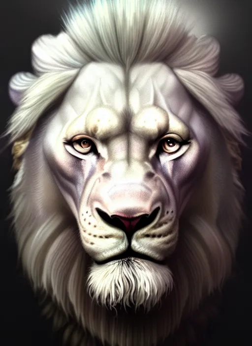 Prompt: an anthromorphic male white lion, diffuse lighting, fantasy, highly detailed, photorealistic, digital painting, artstation, illustration, concept art, smooth, sharp focus, in the style of tom bagshaw