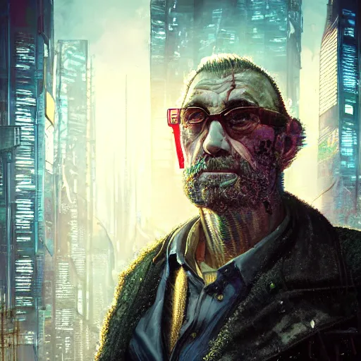 Prompt: cyberpunk, closeup portrait of a shaggy old cyberpunk broker, bald, tired eyes, tattered tweed jacket, dramatic light, city background, sunset, dystopian setting, high contrast, sharp, neuromancer, the finn, painted by stanley lau, painted by greg rutkowski, painted by stanley artgerm, digital art, trending on artstation