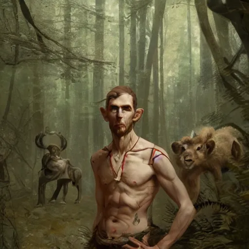 Image similar to 'portrait of a male wood-elf surrounded by animals in the woods, art by Greg Rutkowski, 4k'