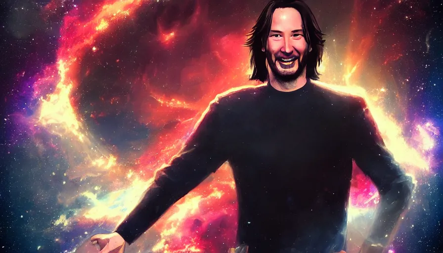 Image similar to a singular Keanu reeves floating in space with a big smile, digital art, artstation, artgem