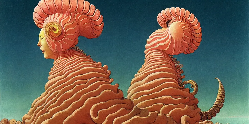 Image similar to portrait of the ammonite sorceress clad in coral armor exacts revenge, by kawase hasui, dorothea tanning, moebius, edward hopper and james gilleard, aivazovsky, zdzislaw beksinski, steven outram colorful flat surreal design